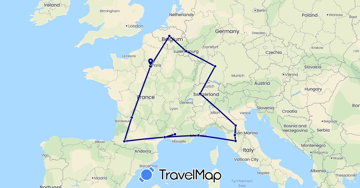 TravelMap itinerary: driving in Belgium, Switzerland, Germany, France, Italy, Luxembourg (Europe)